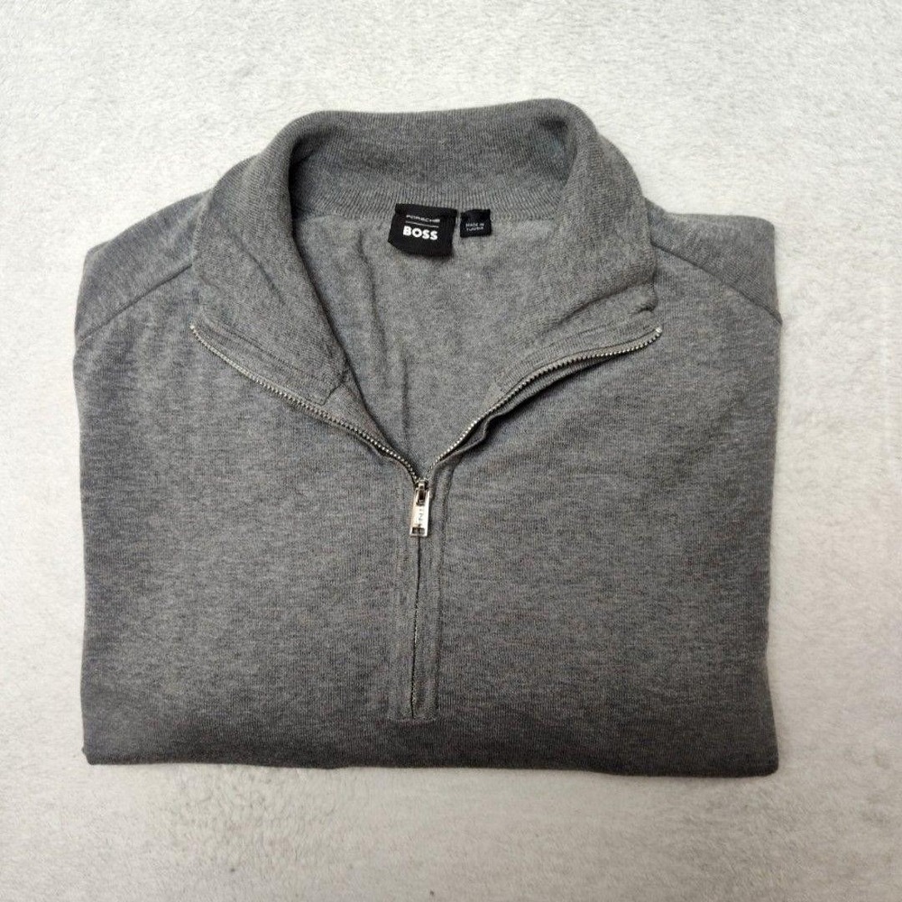 Boss x Porsche Sweater Mens L Gray 1/4 Zip Mock Neck Pullover‎ Cotton Knit Work